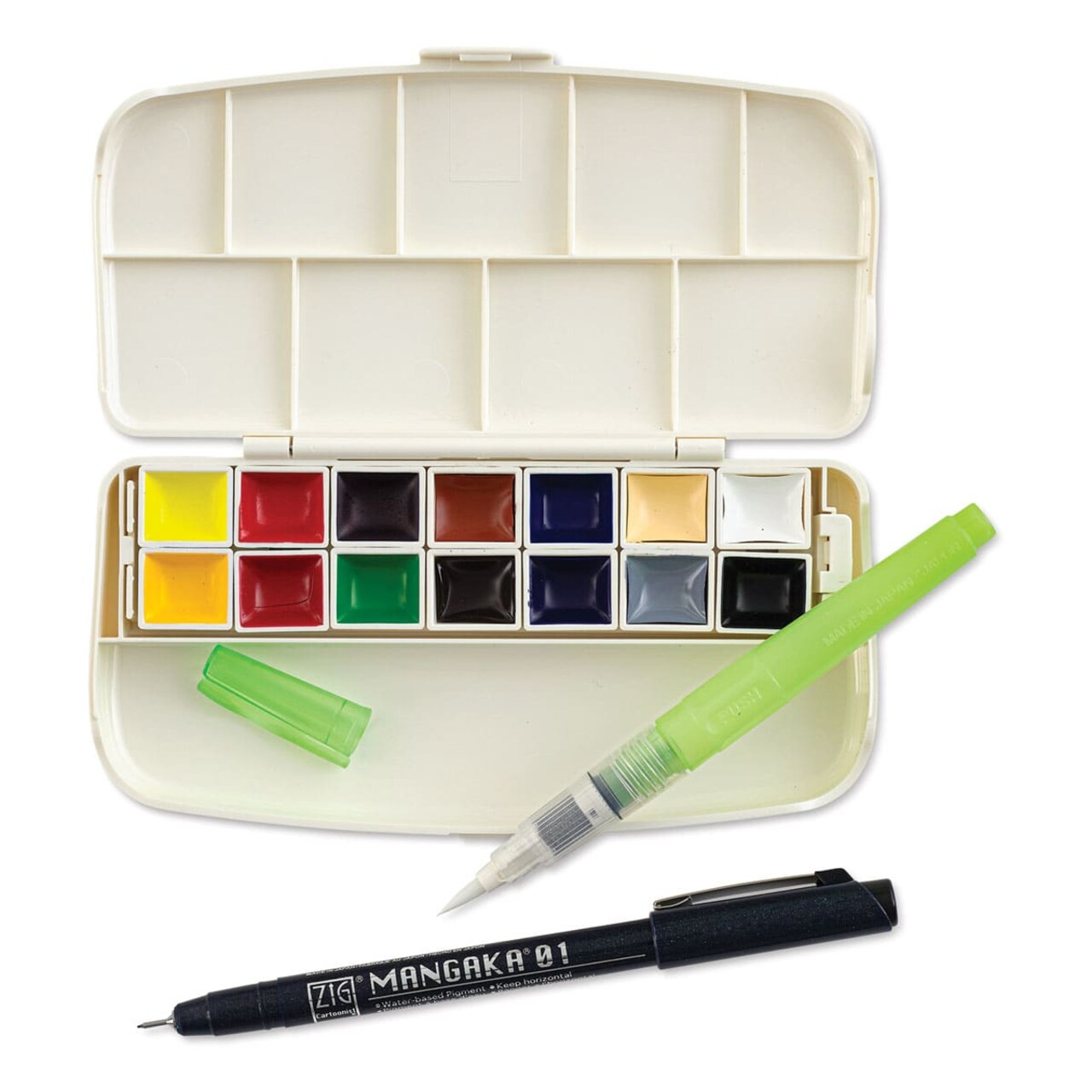 Kuretake Gansai Portable Watercolor Set - Set of 14, Assorted Colors, Half Pans